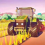 Một chiếc máy kéo đang di chuyển qua cánh đồng lúa mì với phong cảnh nông thôn và cối xay gió phía xa