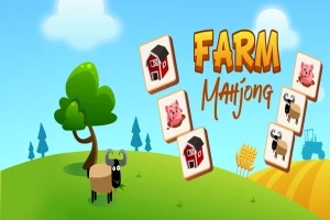 Cảnh đồng quê với cây xanh và cừu đứng trên cỏ, bên cạnh các ô hình ảnh con vật và nhà nông trại, nền trời xanh có đám mây và một máy kéo ở xa