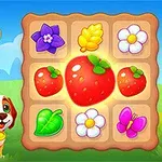 Cô bé tóc đỏ đội nón rộng và chú chó đứng cạnh bảng gồm các biểu tượng trái cây và hoa đầy màu sắc