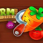 Hình ảnh chứa thiết kế với một củ cà rốt dễ thương, củ hành tím và cà chua có khuôn mặt vui vẻ, cùng với logo chữ FARM PUZZLE STORY trên nền gỗ