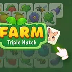 Hình ảnh có nền xanh lá, với chữ FARM Triple Match nổi bật ở trung tâm, xung quanh là các ô có hình rau củ và động vật hoạt hình