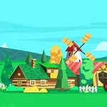 Phong cảnh nông trại hoạt hình với nhà gỗ, cối xay gió, nhà kho, máy kéo đỏ và các cây cối xung quanh
