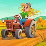Người phụ nữ đội mũ, lái máy cày trên con đường làng giữa cánh đồng lúa chín và cuộn rơm