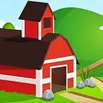 Hình ảnh một nhà kho màu đỏ với mái đen, nằm trên nền cảnh đồng cỏ xanh và đồi núi