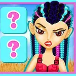 Một nhân vật hoạt hình với mái tóc tết và biểu cảm cá tính đứng cạnh một bảng gồm bốn ô vuông màu xanh, mỗi ô có dấu chấm hỏi màu hồng