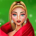 Người phụ nữ với tóc vàng buộc cao, mang khuyên tai hình bông tuyết, quấn khăn đỏ trên phông nền màu xanh