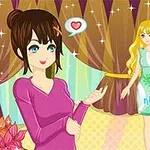 Hai nhân vật hoạt hình nữ trong một căn phòng đầy màu sắc; một người đang mỉm cười và giơ tay chỉ về phía người kia, xung quanh có các họa tiết bông hoa và biểu tượng trái tim