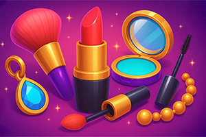 Trang điểm bao gồm son môi, phấn mắt, cọ trang điểm, mascara, hoa tai và chuỗi hạt vàng trên nền màu tím