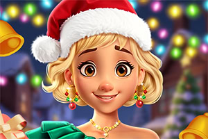 Cô gái tóc vàng đội mũ ông già Noel, đeo trang sức lễ hội trước nền đèn màu Giáng sinh