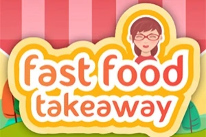 Biển hiệu với nền sọc hồng trắng, chữ fast food takeaway màu trắng viền đỏ và hình ảnh một nhân vật nữ phía trên