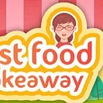 Biển hiệu với nền sọc hồng trắng, chữ fast food takeaway màu trắng viền đỏ và hình ảnh một nhân vật nữ phía trên