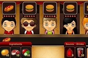 Nhân vật hoạt hình đứng trước quầy với các biểu tượng thức ăn như xúc xích và burger hiển thị phía trên, kèm theo bảng nguyên liệu và nước sốt bên dưới