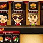 Nhân vật hoạt hình đứng trước quầy với các biểu tượng thức ăn như xúc xích và burger hiển thị phía trên, kèm theo bảng nguyên liệu và nước sốt bên dưới