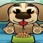 Chú chó hoạt hình dễ thương với đôi mắt to đang ngồi trước bát thức ăn trên sàn nhà