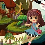 Cô bé tóc nâu mặc váy xanh đứng trước ngôi nhà trong rừng, bên cạnh là chú chim cánh cụt hoạt hình