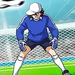 Thủ môn hoạt hình mặc trang phục màu xanh đang chuẩn bị đỡ một quả bóng bay về phía khung thành