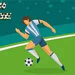 Cầu thủ bóng đá đang dẫn bóng trong trang phục sọc trắng xanh trên sân cỏ