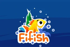 Hình ảnh của một chú cá màu vàng cam nổi bật trên nền xanh với chữ Fifish bên dưới, được bao quanh bởi các bong bóng trắng nhỏ
