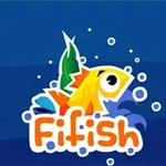 Hình ảnh của một chú cá màu vàng cam nổi bật trên nền xanh với chữ Fifish bên dưới, được bao quanh bởi các bong bóng trắng nhỏ