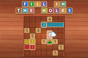 Bàn cờ gỗ có các ô số và một hình chữ nhật màu xanh; tiêu đề FILL IN THE HOLES ở phía trên cùng