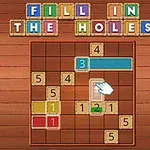 Bàn cờ gỗ có các ô số và một hình chữ nhật màu xanh; tiêu đề FILL IN THE HOLES ở phía trên cùng