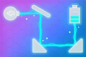 Hình ảnh hiển thị mạch điện với một bóng đèn và một pin được kết nối bằng đường dẫn ánh sáng xanh trên nền màu tím