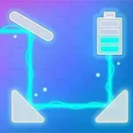Hình ảnh hiển thị mạch điện với một bóng đèn và một pin được kết nối bằng đường dẫn ánh sáng xanh trên nền màu tím