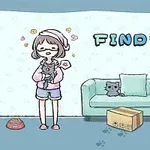 Cô gái ôm mèo đứng cạnh ghế sofa, một chú mèo khác ngồi trên ghế với một thùng carton gần đó, bên cạnh dòng chữ FIND CAT
