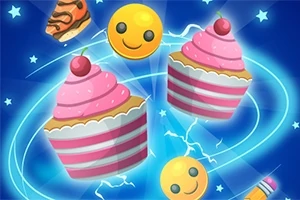 Hình ảnh hai chiếc bánh cupcake màu hồng, hai mặt cười màu vàng, một miếng bánh ngọt, và một chiếc kẹo trên nền xanh có những đám sao nhỏ và tia sáng