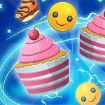 Hình ảnh hai chiếc bánh cupcake màu hồng, hai mặt cười màu vàng, một miếng bánh ngọt, và một chiếc kẹo trên nền xanh có những đám sao nhỏ và tia sáng