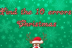 Nền màu xanh với bông tuyết trang trí và dòng chữ Find the 10 errors Christmas màu đỏ trắng, bên dưới có hình chú tuần lộc đội mũ Noel