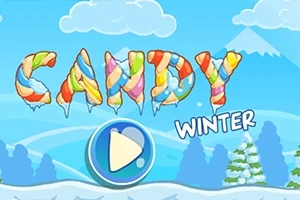 Bối cảnh mùa đông với dòng chữ CANDY WINTER nhiều màu sắc và nút phát lớn ở giữa
