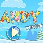 Bối cảnh mùa đông với dòng chữ CANDY WINTER nhiều màu sắc và nút phát lớn ở giữa