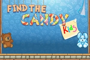 Hình ảnh có dòng chữ Find the Candy Kids trên phông nền màu xanh với hai chú gấu bông ở hai góc