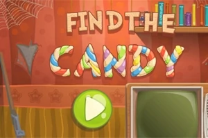 Hình ảnh thể hiện một màn hình với dòng chữ Find the Candy nhiều màu sắc trên nền có hình mạng nhện, sách và nút phát màu xanh