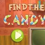 Hình ảnh thể hiện một màn hình với dòng chữ Find the Candy nhiều màu sắc trên nền có hình mạng nhện, sách và nút phát màu xanh