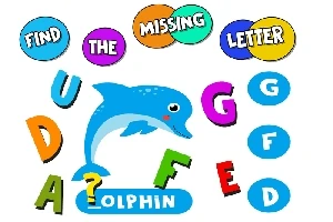 Cá heo xanh với các chữ cái nhiều màu sắc và một câu đố chữ còn thiếu