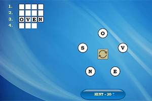 Các chữ cái S, O, V, N, E được sắp xếp trong vòng tròn trên nền xanh, với chữ OVEN đã được điền ở phía bên trái