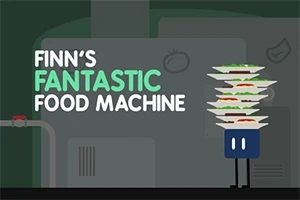 Hình ảnh một nhân vật hoạt hình màu xanh với đôi mắt trắng đang cầm chồng đĩa thức ăn cao, bên cạnh là chữ Finns Fantastic Food Machine với nền tối