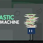 Hình ảnh một nhân vật hoạt hình màu xanh với đôi mắt trắng đang cầm chồng đĩa thức ăn cao, bên cạnh là chữ Finns Fantastic Food Machine với nền tối