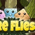 Ba sinh vật dễ thương màu tím, xanh dương và cam đứng phía trước khu rừng, bên trên dòng chữ Fire Flies