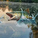 Cá lớn ngoạm con cá nhỏ trên mặt nước với cảnh rừng phản chiếu