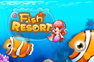 Nền biển xanh với hai con cá hề và một nàng tiên cá nhỏ bên cạnh chữ Fish Resort