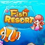 Nền biển xanh với hai con cá hề và một nàng tiên cá nhỏ bên cạnh chữ Fish Resort