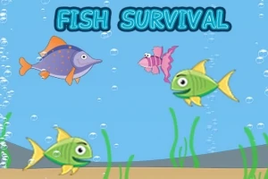 Hai con cá màu xanh lá cây bơi trong nước với cá màu tím và đỏ gần đó, trên nền có chữ Fish Survival