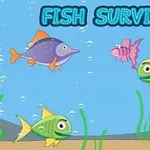 Hai con cá màu xanh lá cây bơi trong nước với cá màu tím và đỏ gần đó, trên nền có chữ Fish Survival
