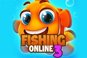 Cá hoạt hình màu cam với mắt to và nụ cười rộng trên nền xanh, kèm chữ Fishing Online 3