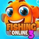 Cá hoạt hình màu cam với mắt to và nụ cười rộng trên nền xanh, kèm chữ Fishing Online 3