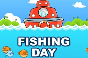 Con tàu màu đỏ trên biển với bầu trời xanh, đám mây trắng và dòng chữ FISHING DAY phía dưới, cùng những con cá hoạt hình ở dưới biển