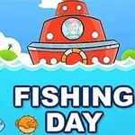 Con tàu màu đỏ trên biển với bầu trời xanh, đám mây trắng và dòng chữ FISHING DAY phía dưới, cùng những con cá hoạt hình ở dưới biển